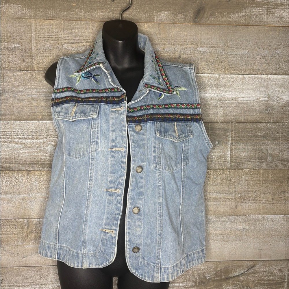 Bill Blass vintage 90d Embroidered flower boho Denim Vest medium